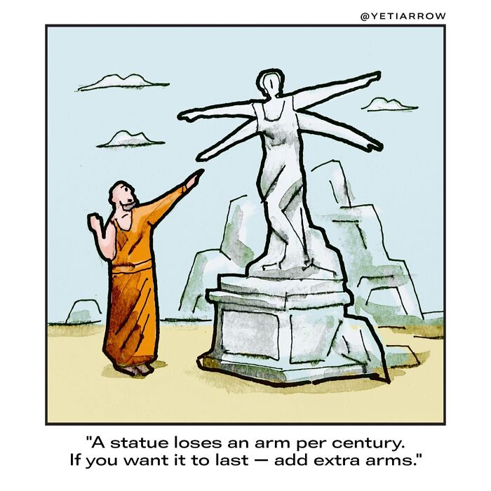Comic depicting an ancient sculptor adding extra arms to a statue, illustrating everyday weirdness in one-panel comics by YetiArrow.
