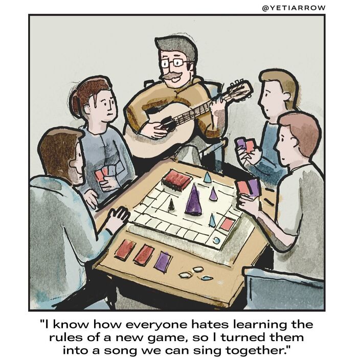 Five people play a board game while one person plays guitar, reflecting a humorous comic about everyday weirdness by YetiArrow.