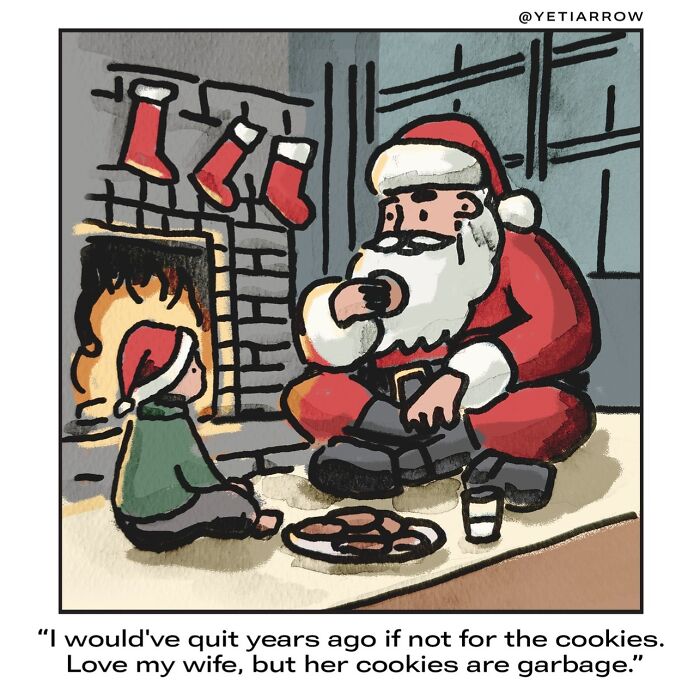 Santa eating cookies by the fireplace with a child illustrates one-panel comics by YetiArrow explaining everyday weirdness.