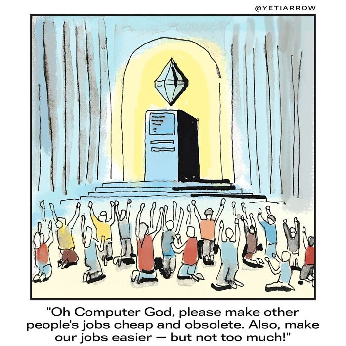 One-panel comic by YetiArrow showing people praying to a computer god, humorously explaining everyday work life weirdness.