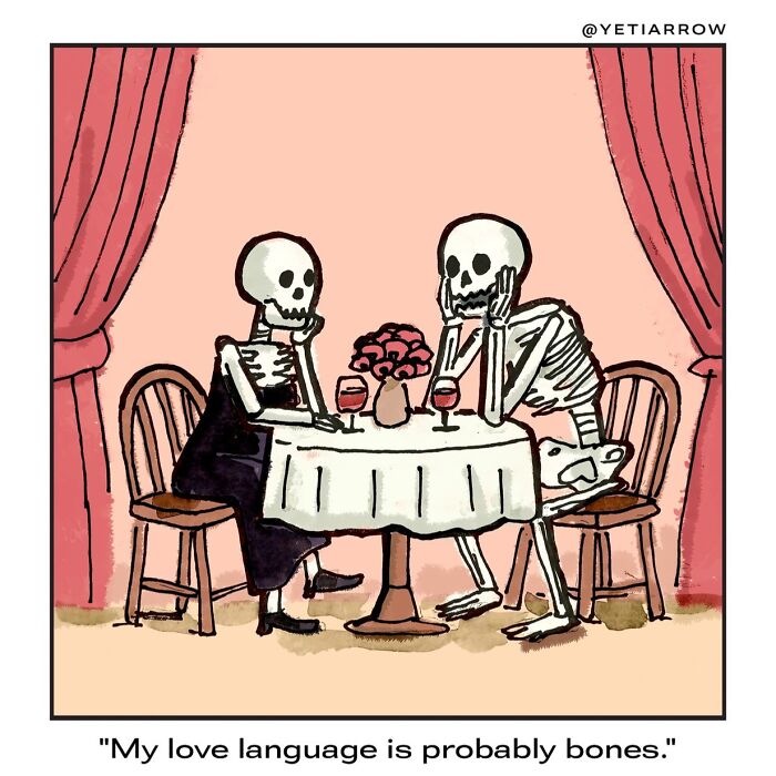 Two skeletons sit at a table with wine glasses in a comic by YetiArrow offering unofficial explanations for everyday weirdness.