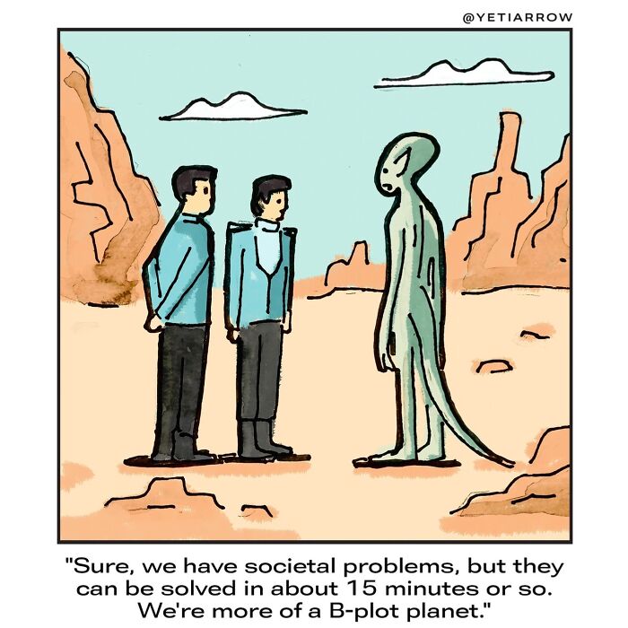 Two people in blue uniforms talking to an alien in a desert, a one-panel comic about everyday weirdness.
