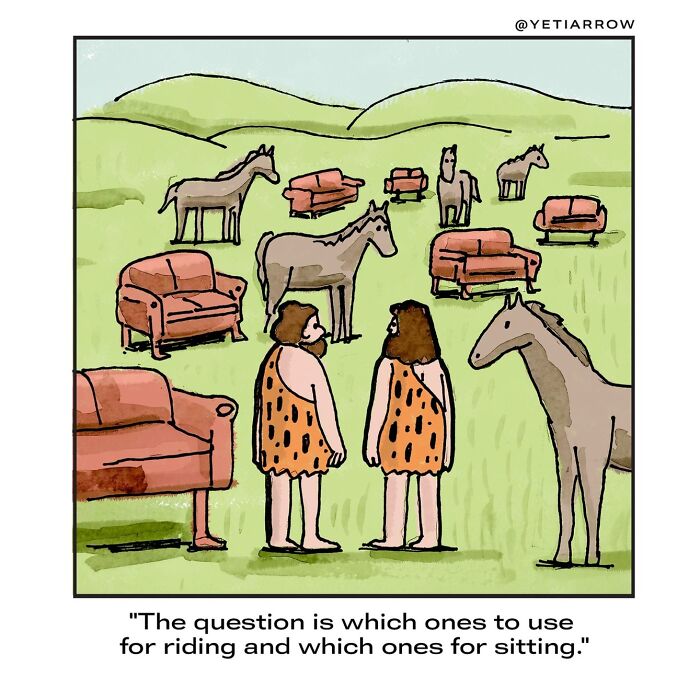 One-panel comic by YetiArrow showing cavemen confused about using horses or sofas for sitting or riding.