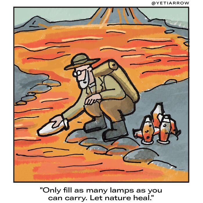 Explorer filling oil lamps by a lava river in a one-panel comic illustrating everyday weirdness by YetiArrow.