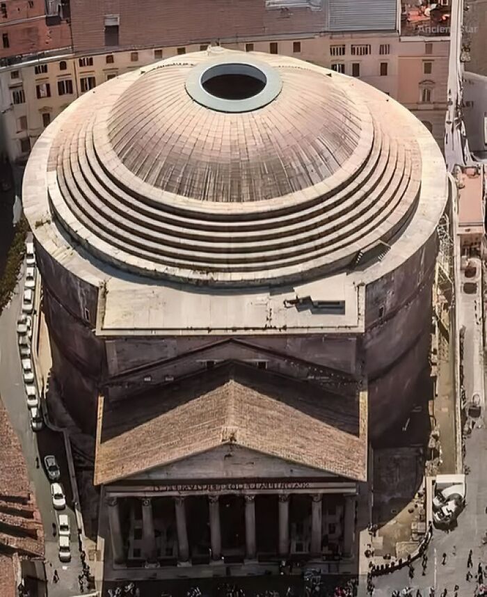 Aerial view of the Pantheon showcasing ancient architecture and archaeological design in a historic urban setting.