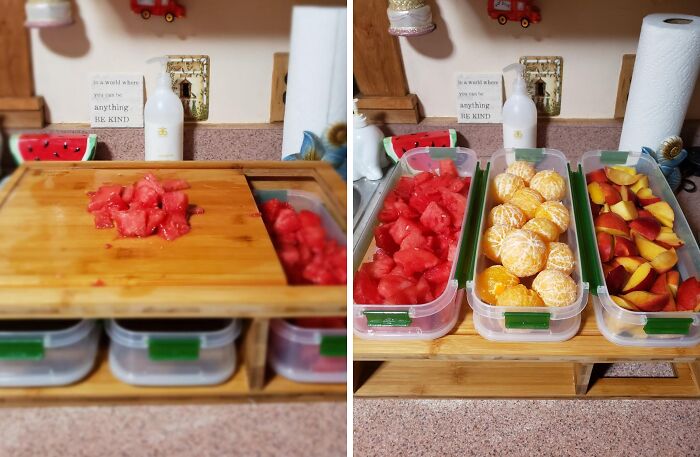 Meal prepping fresh fruit in containers on a kitchen counter, a helpful find for people who want to nail adulting.