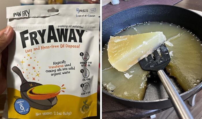 Fryaway cooking oil solidifier packets transforming used oil into solid waste for easy disposal, ideal for nailing adulting tasks