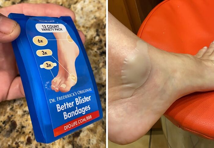 Better blister bandages shown in packaging and applied on an adult’s heel for nail adulting care and comfort.