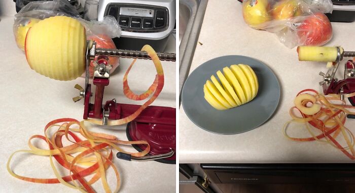 Apple peeler and slicer in use on kitchen counter, demonstrating helpful adulting kitchen tool for efficient food prep.