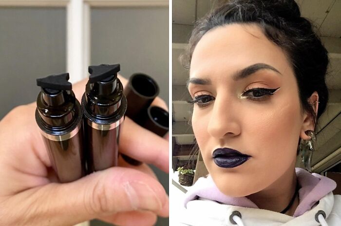 Close-up of two black pump bottles held in hand and a woman with bold makeup illustrating adulting essentials and style.