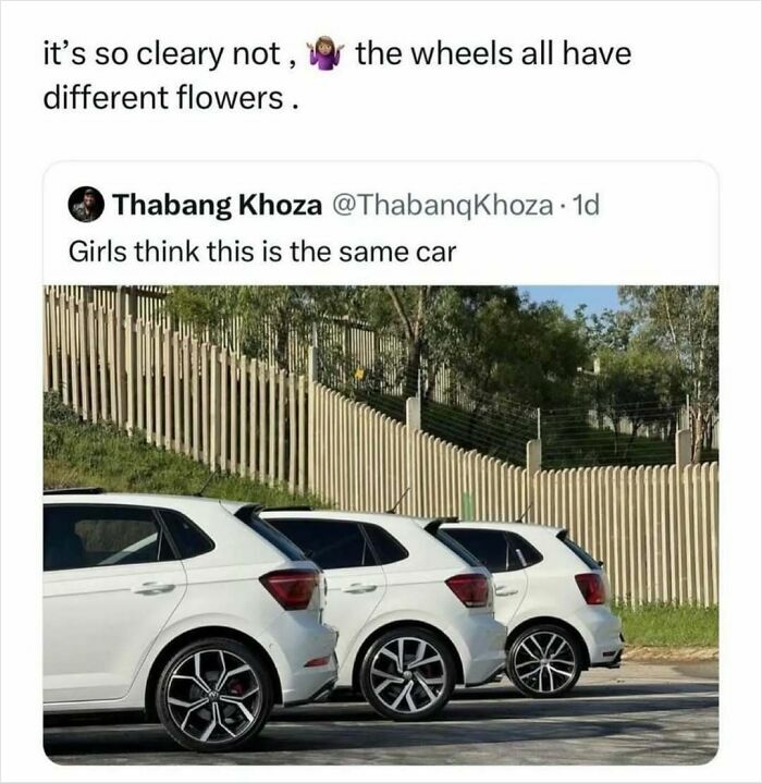 Three white cars with different wheel designs, illustrating a funny and random shower thought about perception.