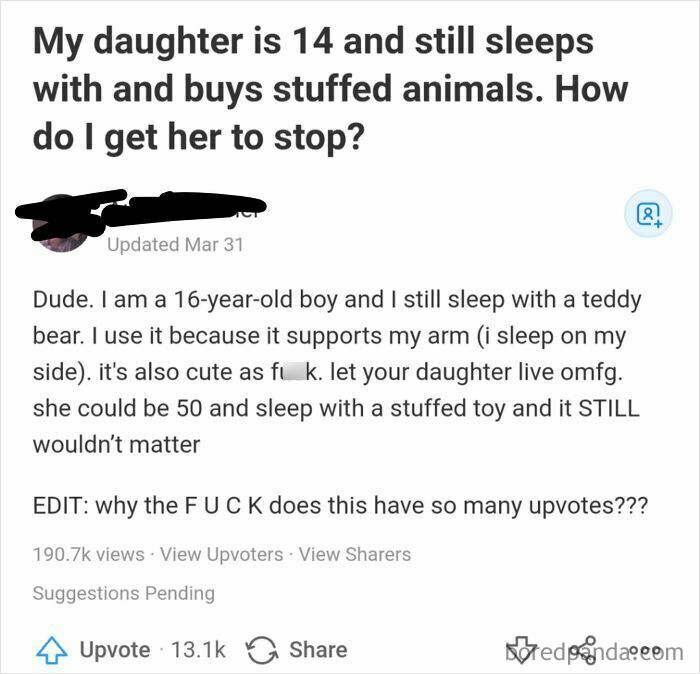 Quora question about a 14-year-old sleeping with stuffed animals shared in a thread of weird or unfortunate Quora questions.