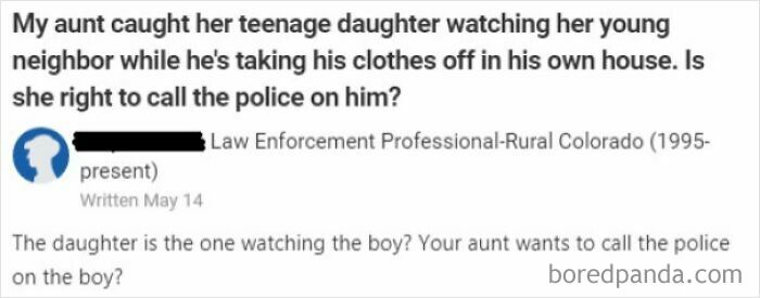 A strange Quora question about a teenager watching her neighbor undress and if calling police is justified.
