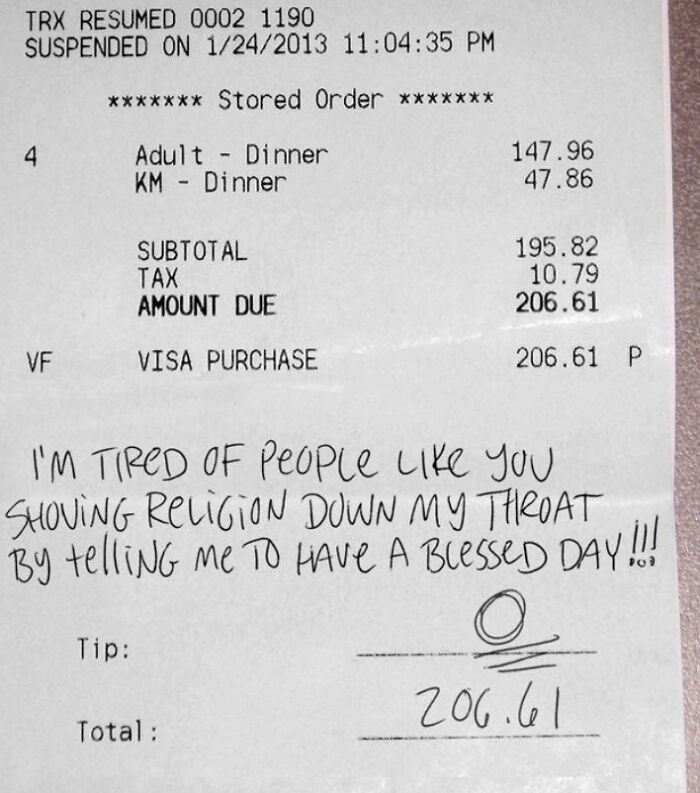 Receipt showing an entitled customer’s handwritten complaint, illustrating absurd reviews and entitled customer behavior.