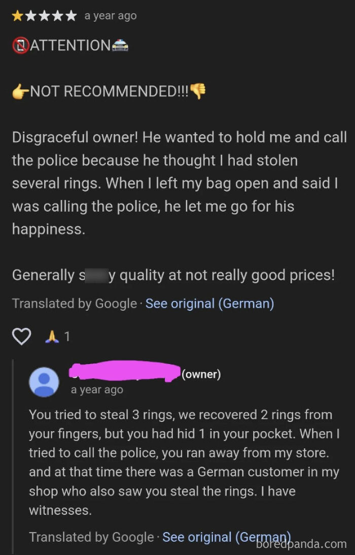 One-star absurd customer review accusing owner of theft, followed by owner's detailed response disputing the claim.