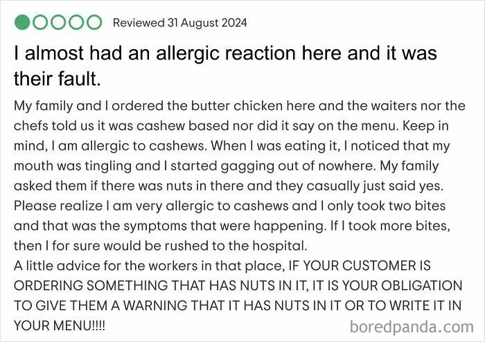 Customer review about allergic reaction due to lack of nut allergy warning highlights absurd entitled customer complaints.