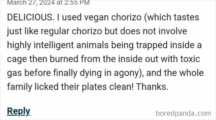 Absurd customer review praising vegan chorizo with dark humor, featured in entitled customers ridiculous reviews collection.