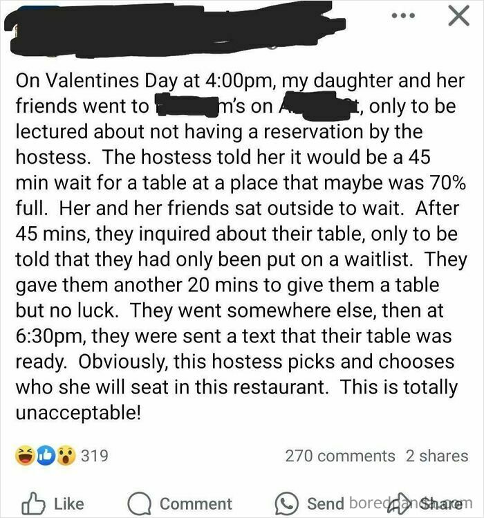 Screenshot of an entitled customer review complaining about wait times and hostess seating policies.