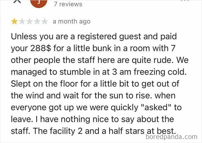 One-star review from entitled customer complaining about rude staff and cramped room, illustrating absurd customer reviews.