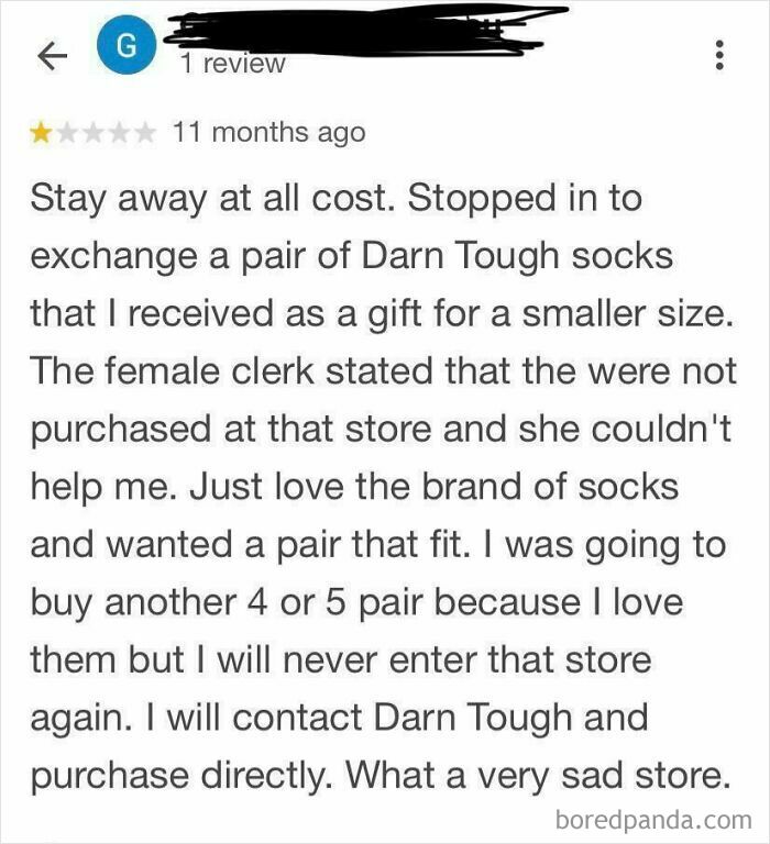 Customer leaves a one-star review complaining about a store refusing to exchange gift socks, showing entitled customer behavior.