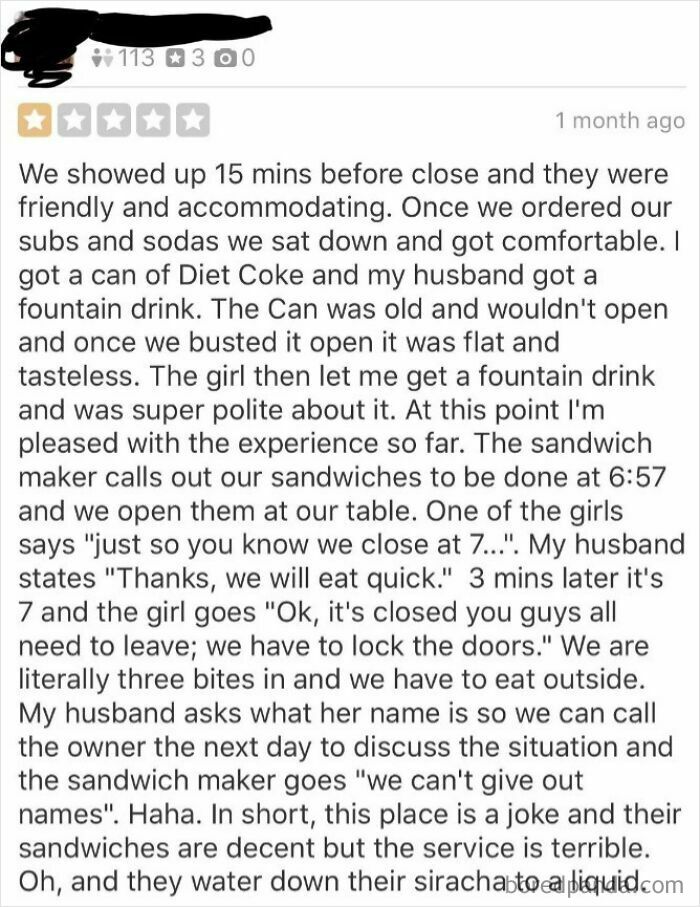 One-star customer review complaining about service and food quality, illustrating entitled customers and absurd reviews.