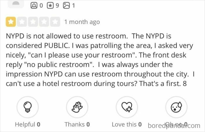 One-star absurd customer review complaining about NYPD restroom access restrictions in a hotel setting.