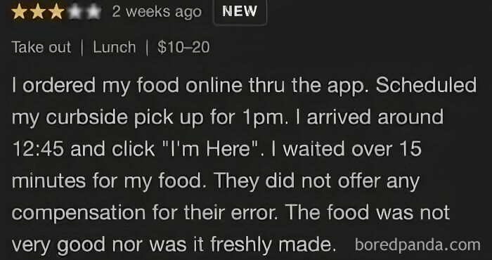 Three-star online food order review criticizing wait time and food quality from entitled customers leaving absurd reviews.
