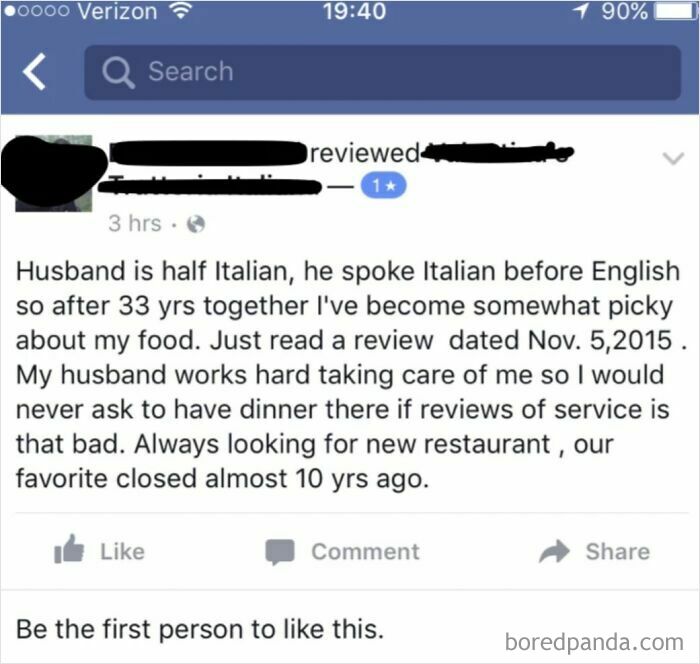 Screenshot of an entitled customer review complaining about food and restaurant service in a social media post.