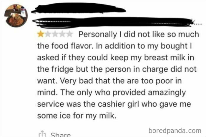 One-star absurd customer review complaining about food flavor and requesting breast milk storage at a fridge.