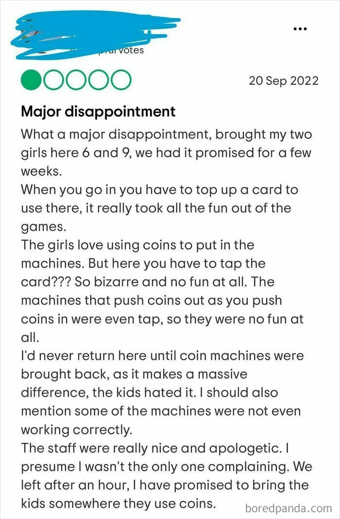 One-star customer review expressing disappointment over lack of coin machines and poor game experience.