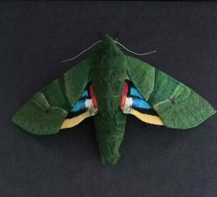 Embroidered fiber moth with green wings and colorful accents displayed on a dark background by Yumi Okita.