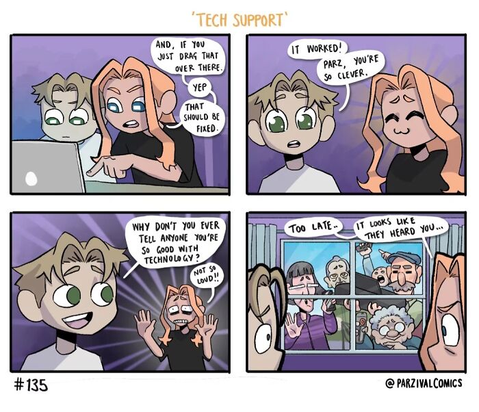 Tech support comic strip by Parzival showing humorous and relatable moments of troubleshooting with technology.