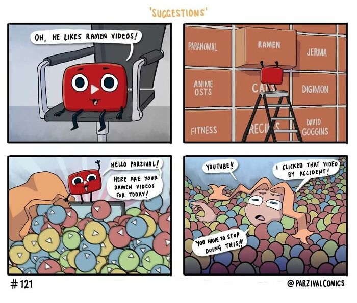 Comic strip featuring a red character suggesting ramen videos, surrounded by colorful video play buttons, relatable humor.