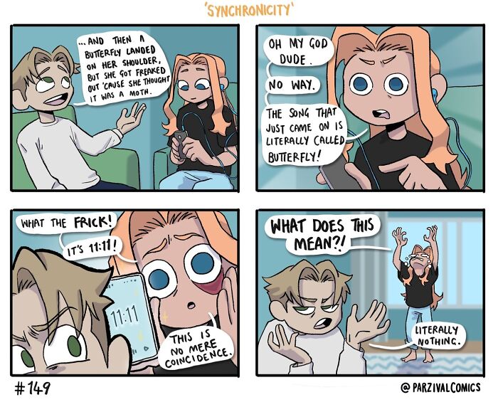 Comic panels showing two characters humorously reacting to a butterfly and synchronicity, in relatable lighthearted style.