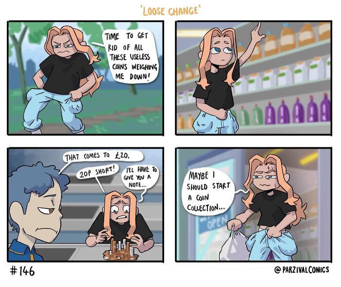 Comic strip showing a lighthearted and relatable moment about dealing with loose change and coin collecting.