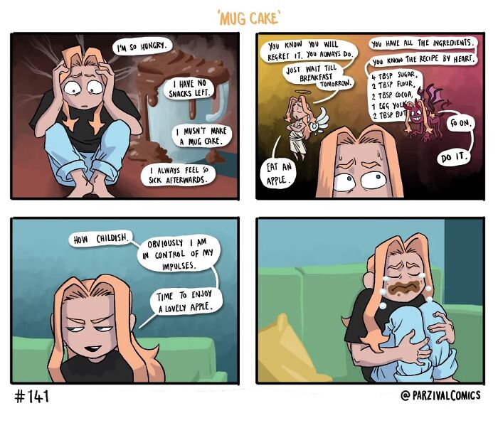Relatable comic strip showing a person battling cravings and guilt over making a mug cake late at night.