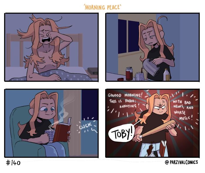 Relatable comic showing a character waking up, brewing coffee, reading, then angrily reacting to annoying morning radio.