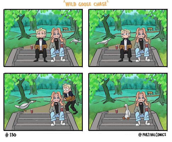 Two people sitting on park steps with a goose stealing a drink in a lighthearted and relatable comic style.