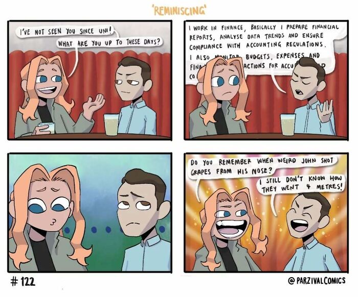 Comic strip showing two friends reminiscing, featuring lighthearted and relatable moments in a casual conversation.