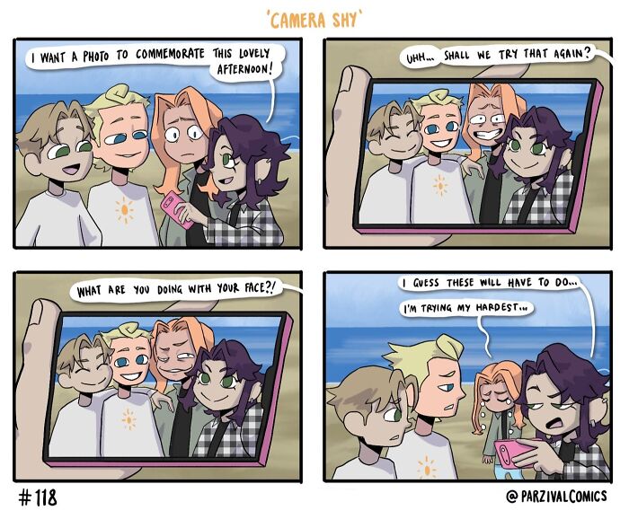 Four-panel comic by Parzival showing friends struggling to take a lighthearted and relatable group selfie at the beach.