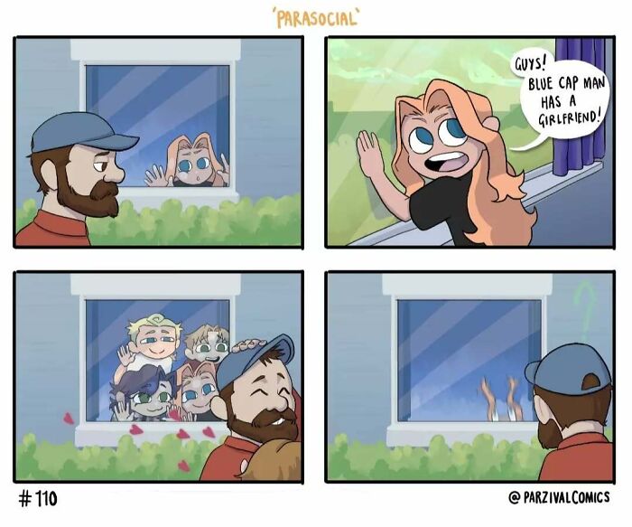 Relatable comic by Parzival showing a man greeted by cheerful characters at a window in a lighthearted scene.
