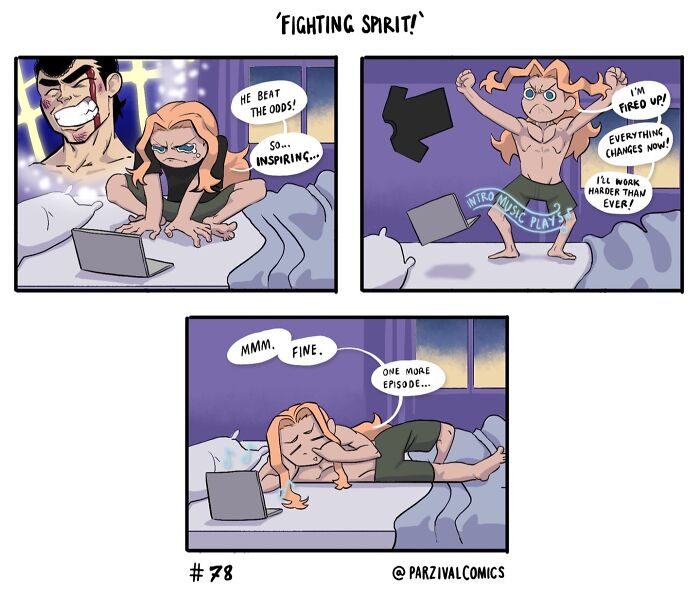 Comic strip showing lighthearted and relatable moments of motivation and binge-watching to brighten your day.