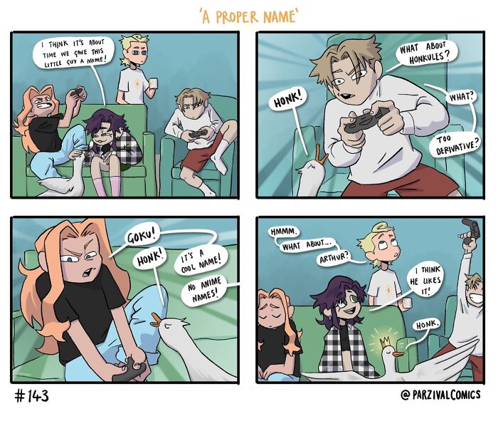 Comic strip showing friends and a goose debating funny pet names while playing video games, lighthearted and relatable humor.