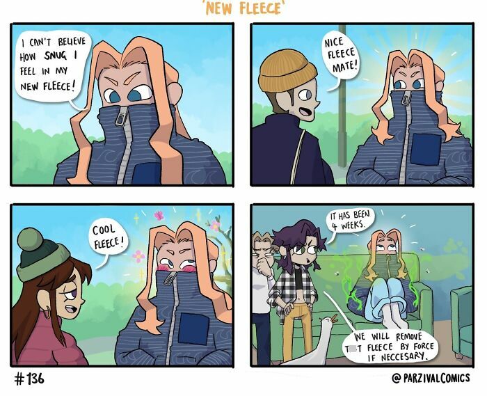 Comic strip showing characters humorously discussing a snug new fleece jacket in relatable lighthearted moments.