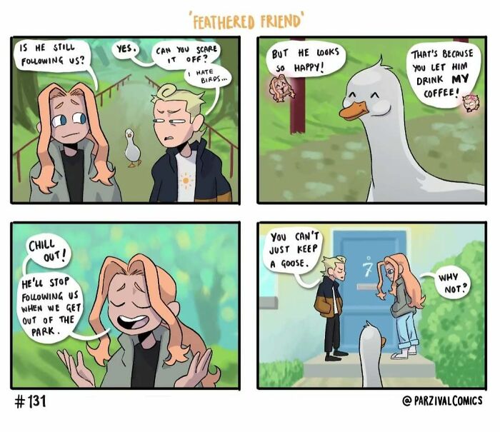 Comic strip showing two characters humorously dealing with a goose following them, featured in relatable comics by Parzival.