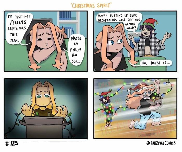 Lighthearted comic showing a woman struggling with Christmas spirit and decorating, from relatable comics by Parzival.