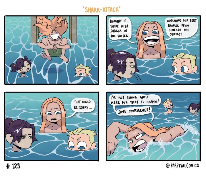 Comic strip showing characters in a pool imagining a shark attack, featuring lighthearted and relatable humor by Parzival comics.