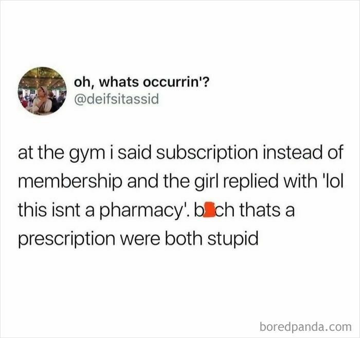 A funny gym conversation post showing relatable shower feels about confusing subscription with prescription.