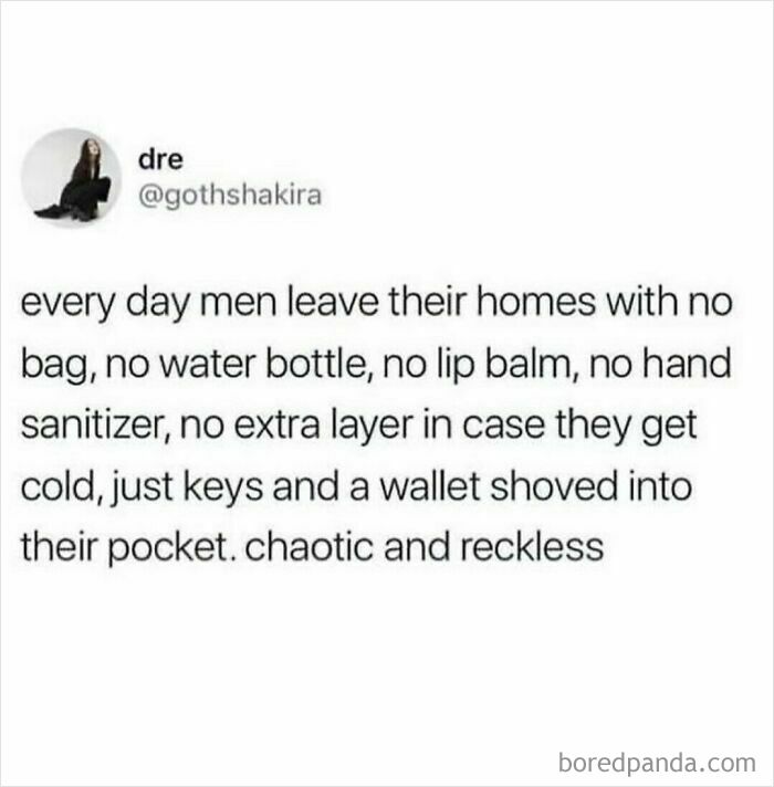 Social media post humor about men leaving home with just keys and wallet shared in Shower Feels relatable content.
