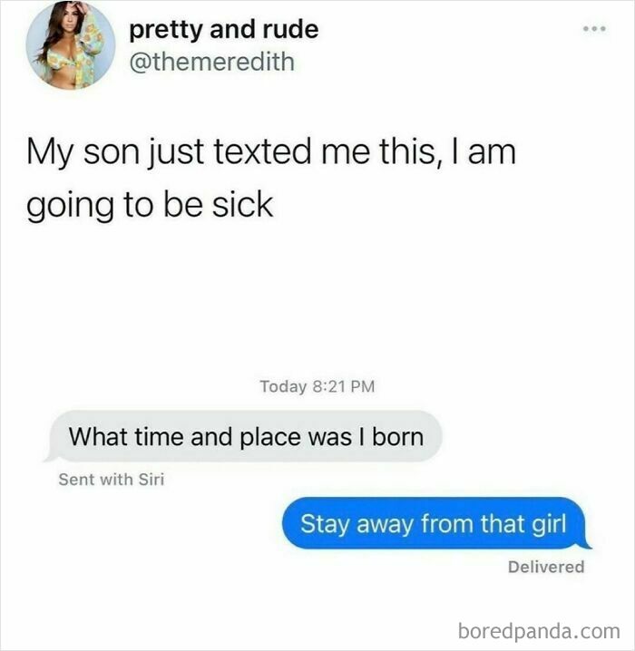 Text message exchange about a son asking birth details, with a humorous reply, relatable in shower feels posts.